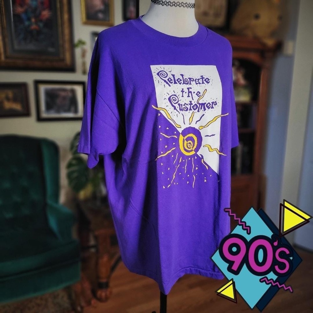Celebrate The Customer T Shirt Vintage 90s Purple Graphic Single Stitch XL Rare